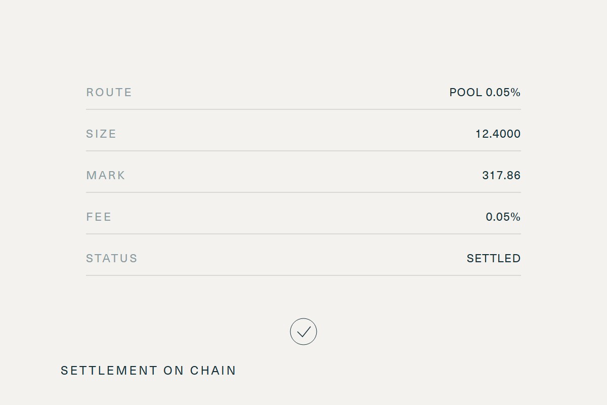 Fill routed against on-chain equity-token liquidity